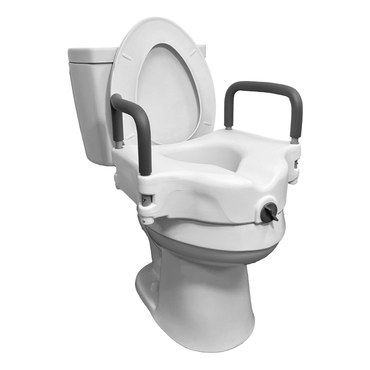 The ProBasics E-Z Lock 4.5 Raised Toilet Seat with Handles features padded arms and elevates your standard toilet for increased support and safety.
