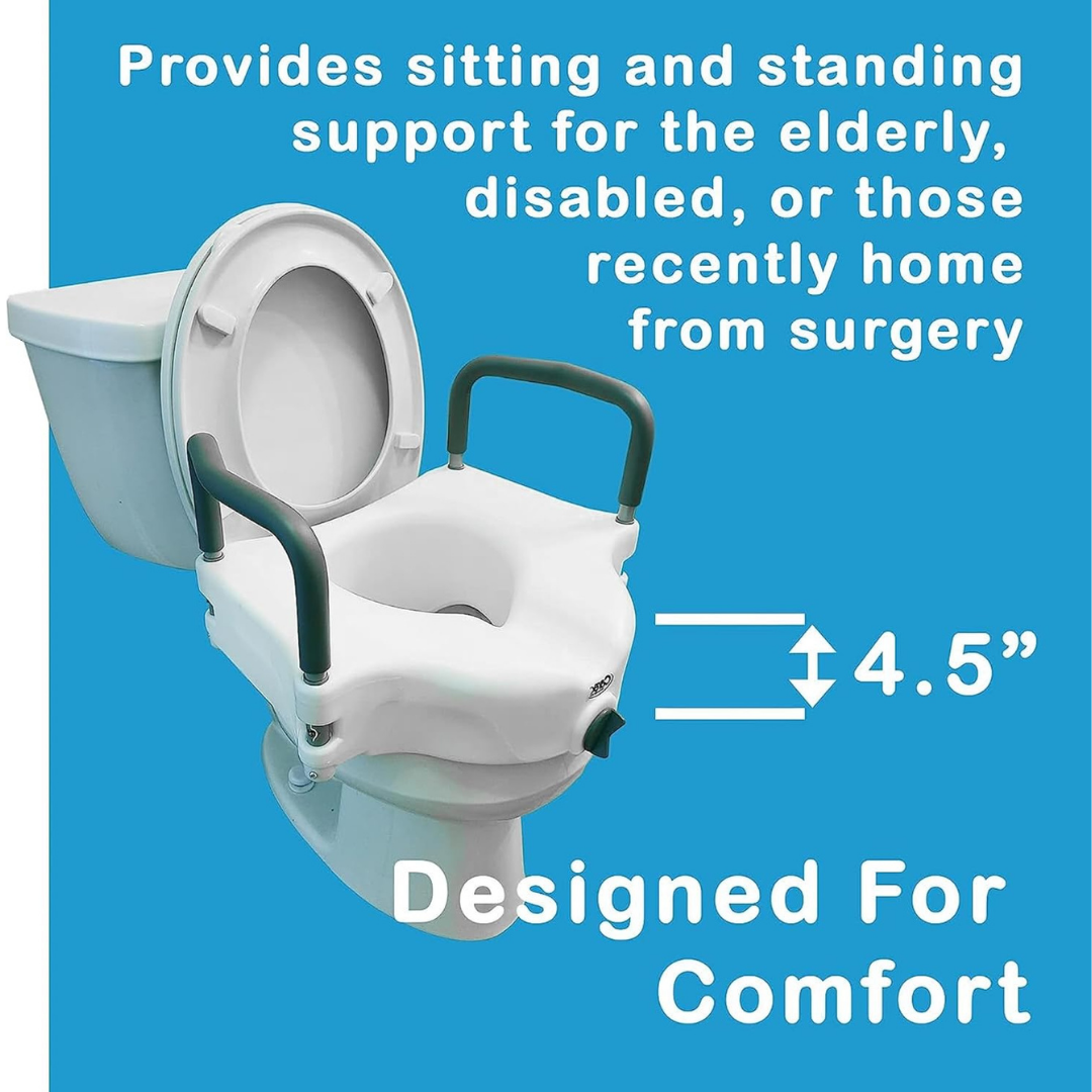 The ProBasics E-Z Lock 4.5 Raised Toilet Seat with Handles adds 4.5 inches of height to standard toilets, providing padded armrests and support for elderly, disabled, or post-surgery users during sitting and standing.