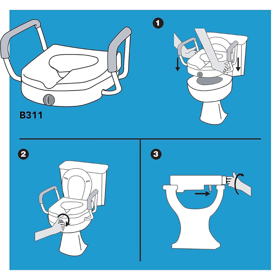 Instructional diagram for the ProBasics E-Z Lock 4.5 Raised Toilet Seat with Handles: position the seat on the toilet, attach with side clamps, then turn the front knob to lock it securely in place.