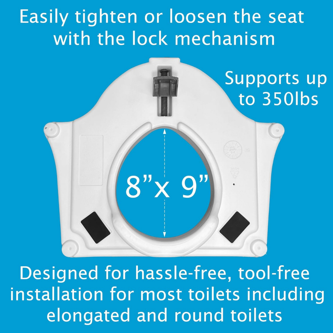 The ProBasics E-Z Lock 4.5 Raised Toilet Seat with Handles features padded arms, a secure lock, 8x9” opening, supports up to 350 lbs, and installs tool-free on most toilets. Shown against a blue background.