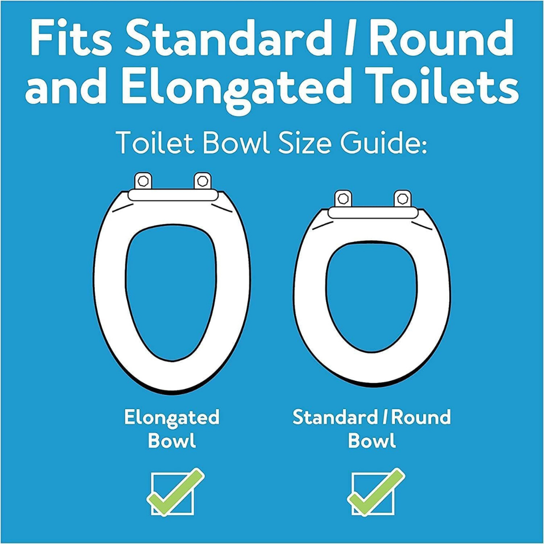 Illustration comparing elongated and round toilet bowls with check marks, showing that the ProBasics E-Z Lock 4.5 Raised Toilet Seat with Handles fits both. Blue background and bold white text at the top.
