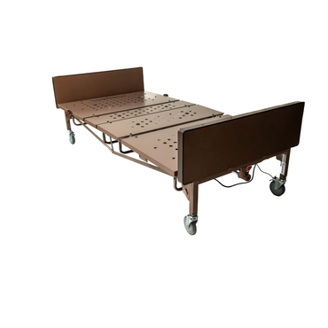 The ProBasics 42 Bariatric Full Electric Homecare Bed is an adjustable, extra-wide brown bed frame with casters on each leg, shown flat and without a mattress or bedding against a white background.
