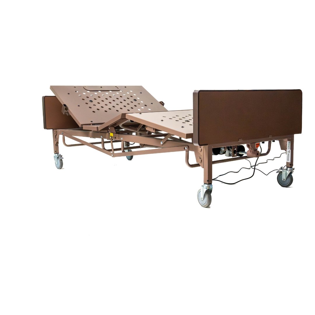 The ProBasics 42 Bariatric Full Electric Homecare Bed, shown in brown with wheels and electronic controls on a white background, features an extra-wide frame with elevated head and leg sections.
