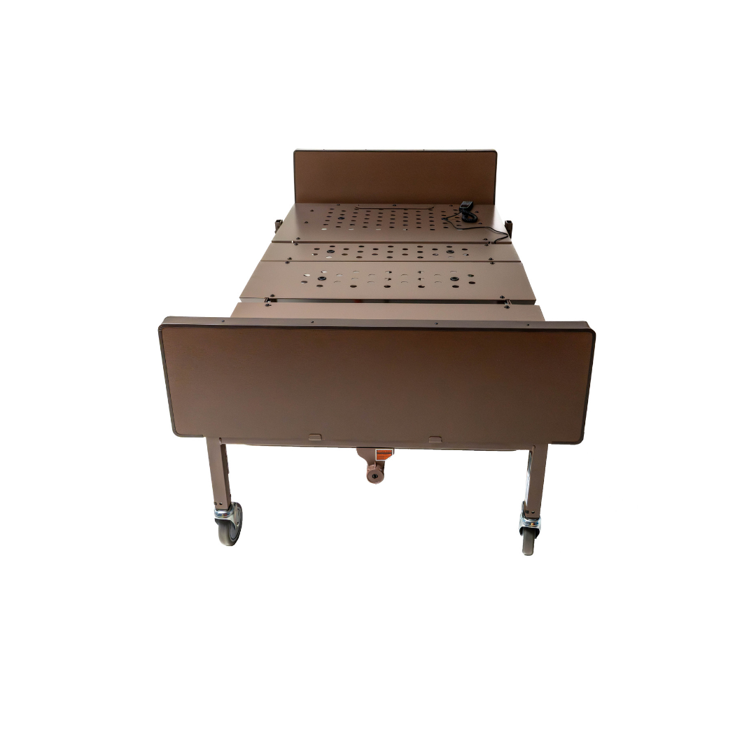 The ProBasics 42 Bariatric Full Electric Homecare Bed is a brown metal, extra-wide hospital bed with wheels, a ventilated flat surface, and an attached side rail, shown from the front against a white background.