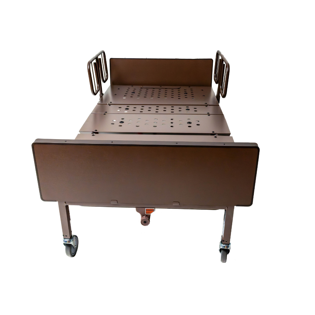 The ProBasics 42 Bariatric Full Electric Homecare Bed, shown from the front on a white background, features a brown frame, metal side rails, wheels, and an extra-wide ventilated surface for added comfort.