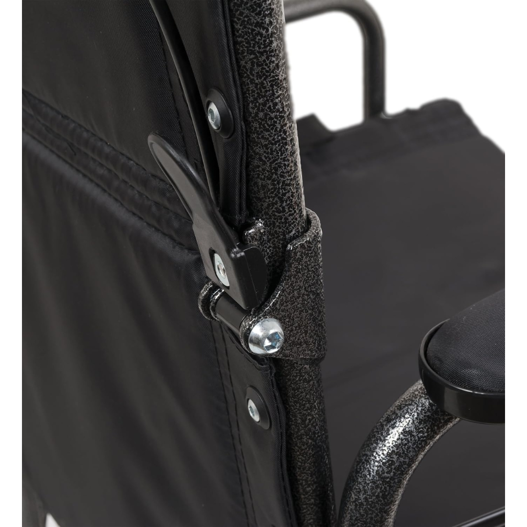 Close-up of the locking mechanism on the ProBasics Folding Bariatric Transport Chair with Desk Arms, showing its metal frame, screws, fabric upholstery, and durable 12-inch rear wheels.