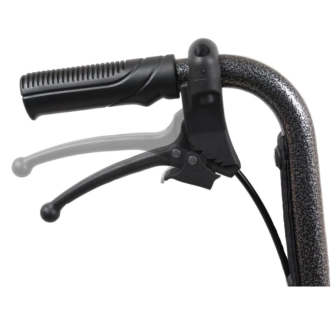 Close-up of the black hand brake and handle on the ProBasics Folding Bariatric Transport Chair with Desk Arms, showing released and squeezed positions. Features a speckled gray metallic frame and durable 12-inch rear wheels.