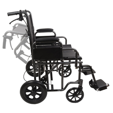 Side view of the ProBasics Folding Bariatric Transport Chair with Desk Arms in black, partially open and closed, showing its collapsible design, 12-inch rear wheels, small front wheels, and footrests.