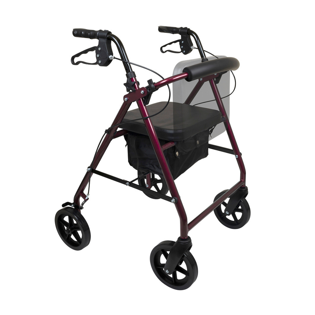 The ProBasics Deluxe Lightweight Aluminum Rollator features 8 wheels, hand brakes, padded seat and backrest, under-seat storage pouch, and a metallic red and black aluminum frame for smooth mobility.