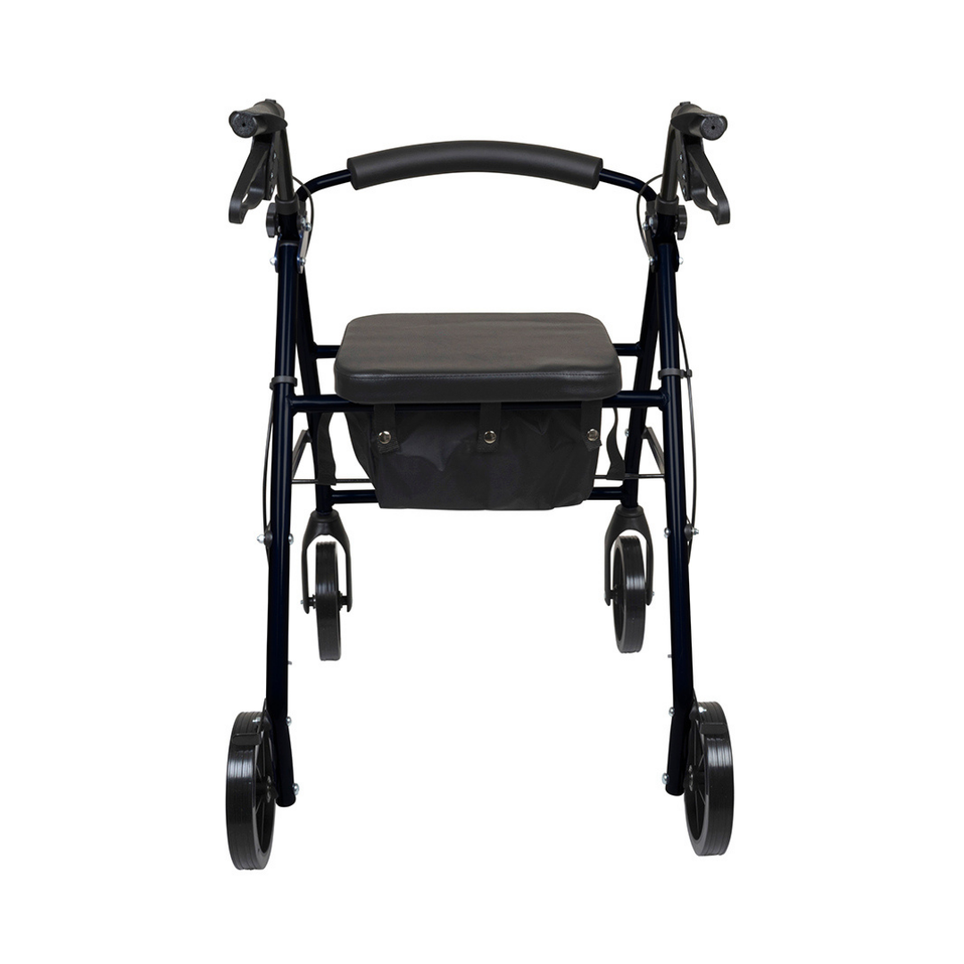 The ProBasics Deluxe Lightweight Aluminum Rollator features four 8-inch wheels, a padded seat, ergonomic handles, and a storage pouch beneath the seat for added convenience.
