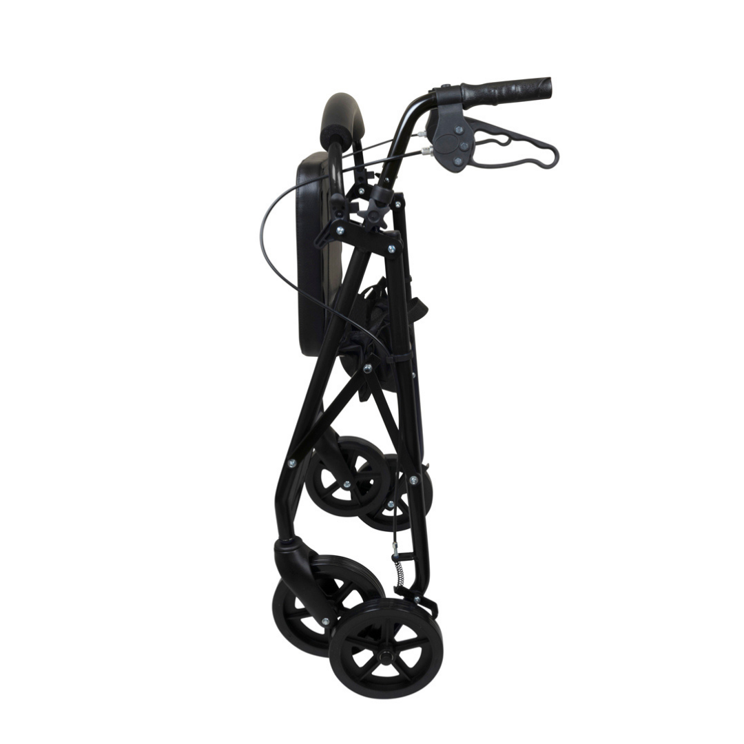 The ProBasics Deluxe Lightweight Aluminum Rollator, shown folded for storage or transport, features 8 wheels aligned and visible handlebars, with a sleek black design.