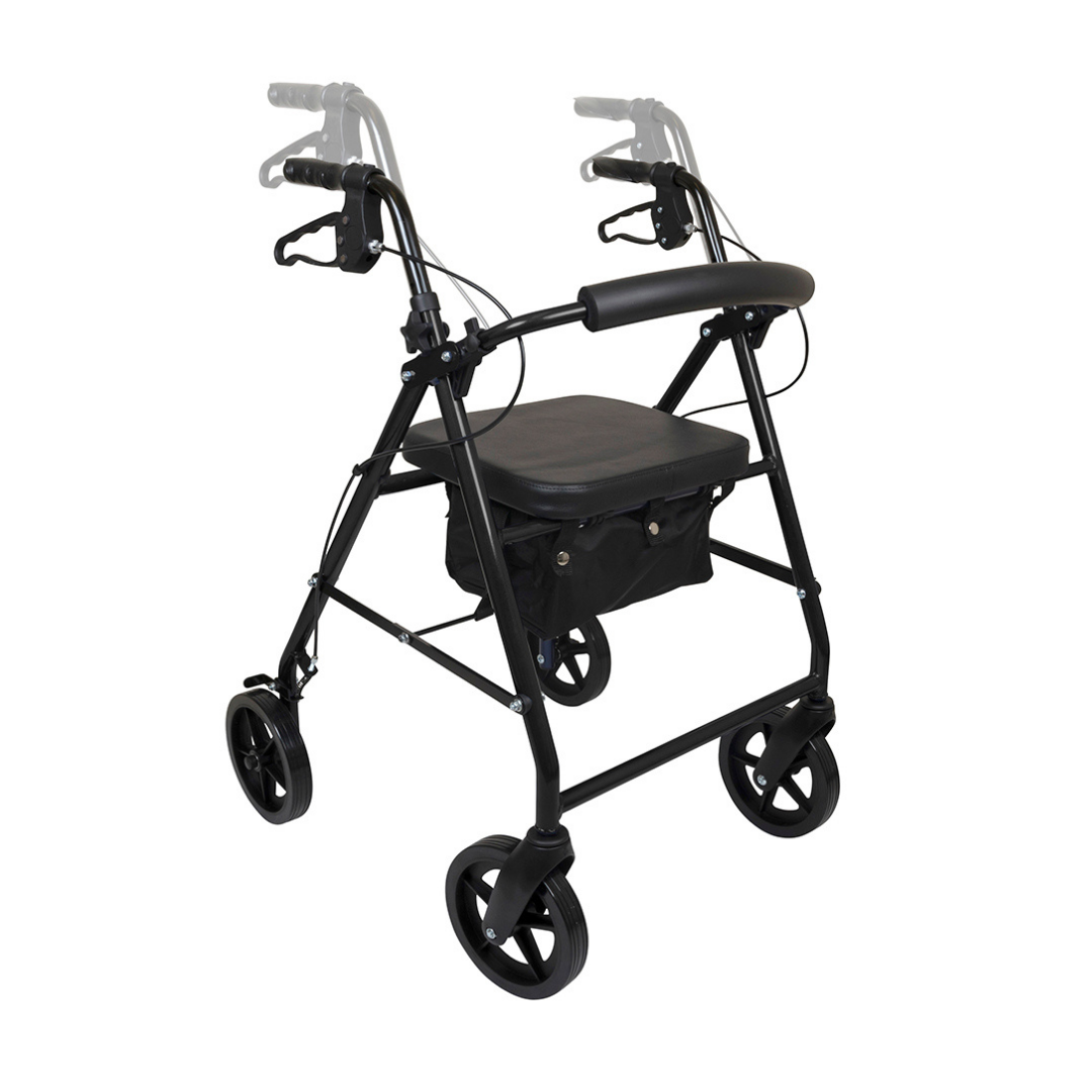 The ProBasics Deluxe Lightweight Aluminum Rollator with 8 wheels has a black frame, padded seat, hand brakes, and a storage pouch beneath the seat.