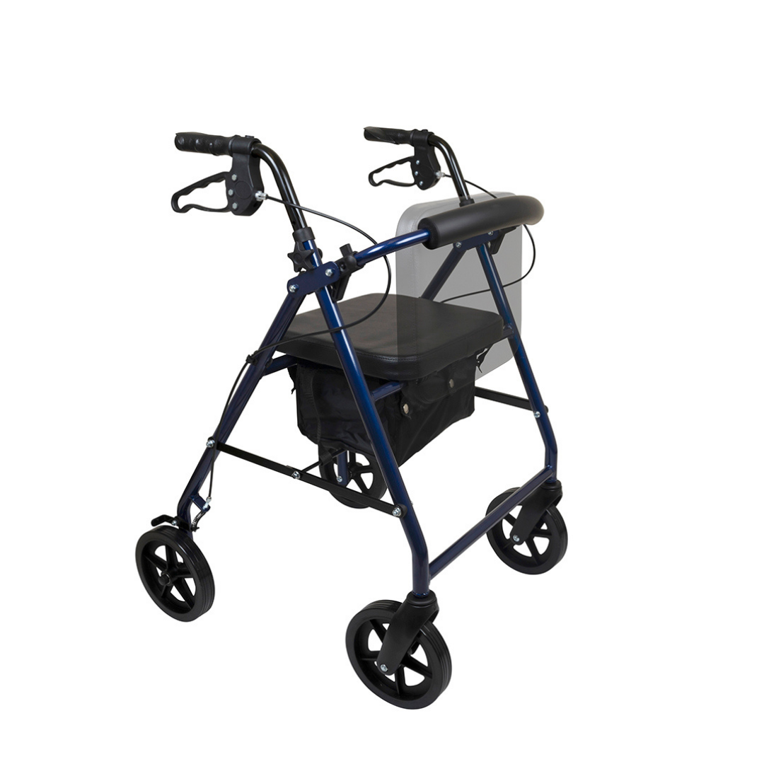 The ProBasics Deluxe Lightweight Aluminum Rollator features a blue aluminum frame, 8 wheels, black handles, a padded seat, and a storage pouch beneath the seat for enhanced mobility assistance.