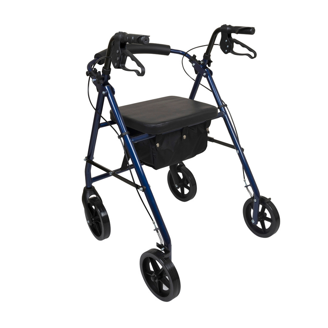 The ProBasics Deluxe Lightweight Aluminum Rollator has 8 wheels, hand brakes, a padded seat, and a storage pouch for enhanced mobility and stability.