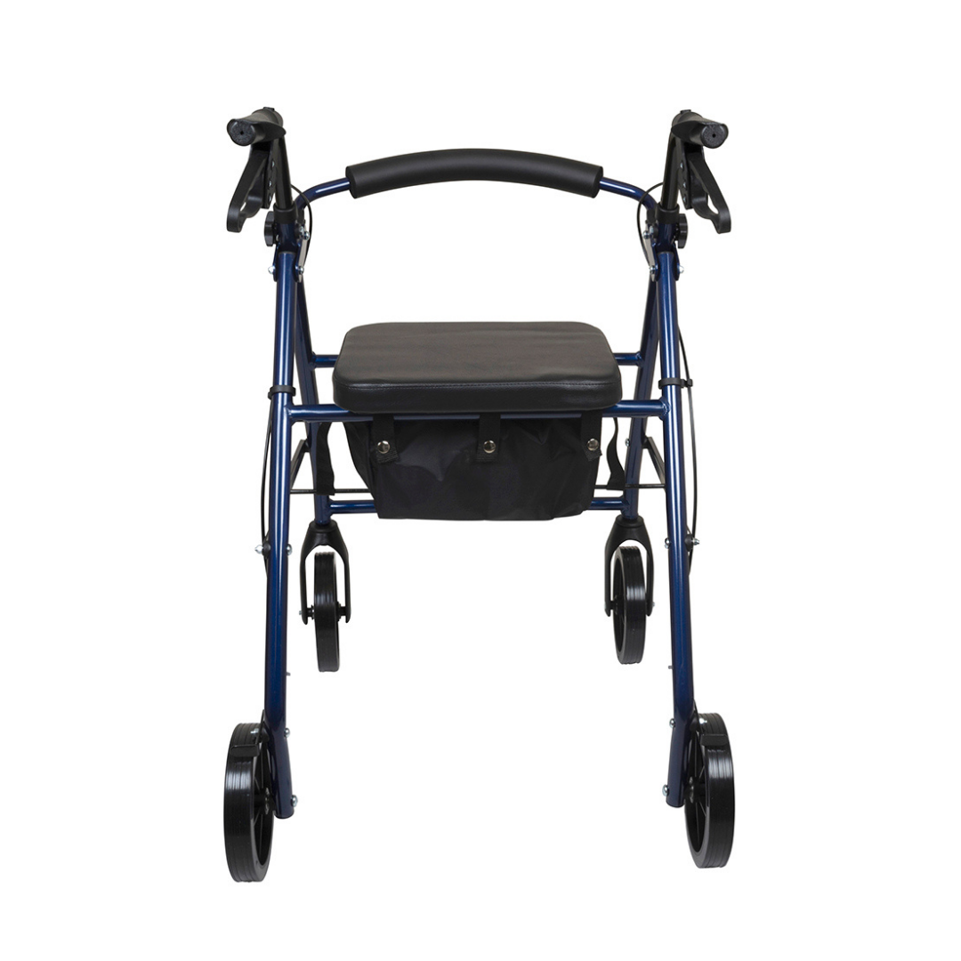 A front view of the ProBasics Deluxe Lightweight Aluminum Rollator with 8 wheels, a blue frame, padded seat, black storage bag underneath, and curved handlebars.