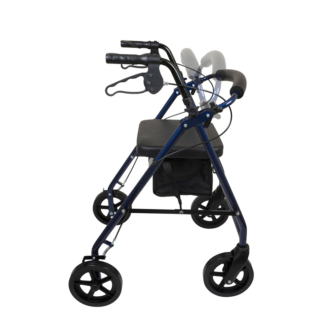 The ProBasics Deluxe Lightweight Aluminum Rollator features a blue aluminum frame, four 8 wheels, a padded seat, hand brakes, under-seat storage pouch, and adjustable handle height shown in two positions.