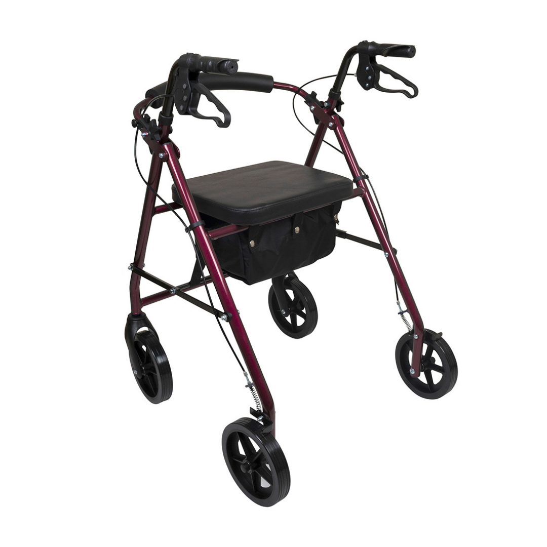 The ProBasics Deluxe Lightweight Aluminum Rollator features a maroon frame, four 8-inch wheels, black handles with hand brakes, a padded seat, and an under-seat storage pouch.