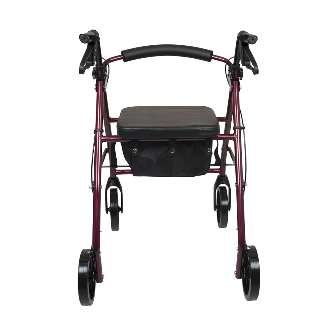 A front view of the ProBasics Deluxe Lightweight Aluminum Rollator with 8 wheels, maroon frame, padded seat, black handles, and a storage pouch under the seat.