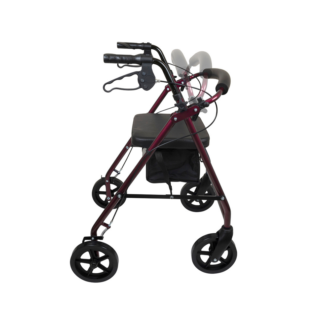 The ProBasics Deluxe Lightweight Aluminum Rollator with 8 wheels is shown in red, featuring black handles, a seat with storage pouch, adjustable handle height, and four wheels.