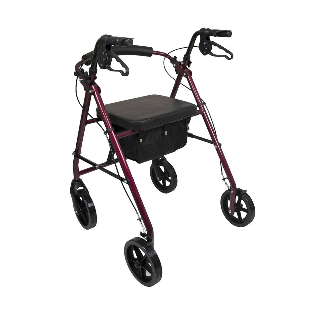 The ProBasics Deluxe Lightweight Aluminum Rollator features 8 wheels, hand brakes, a padded seat, and a black storage pouch for convenient mobility support.