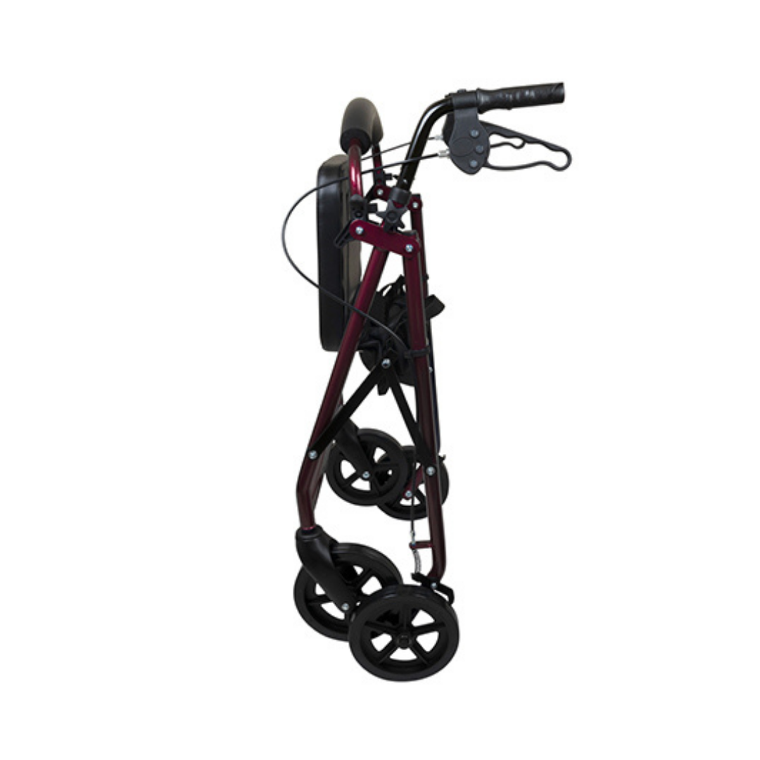 The ProBasics Deluxe Lightweight Aluminum Rollator with 8 wheels, shown folded for storage or transport, stands upright on its maroon frame with black handles.
