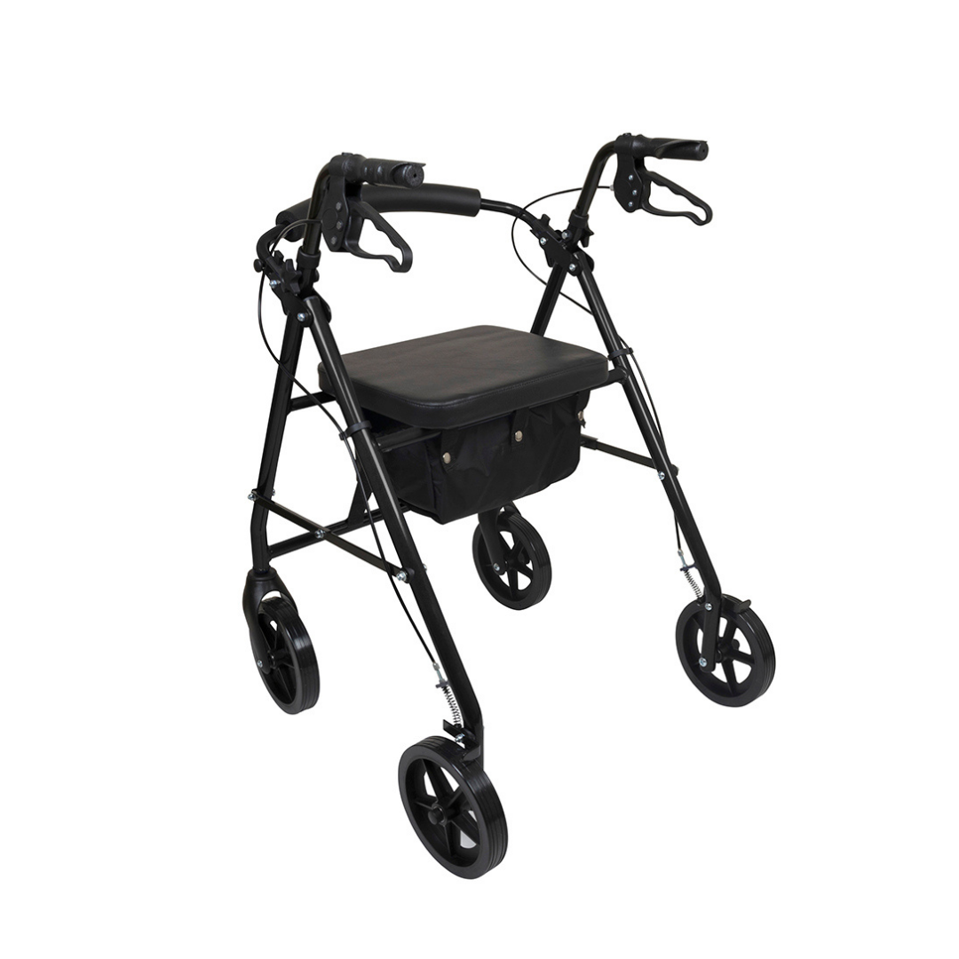The ProBasics Deluxe Lightweight Aluminum Rollator features 8 wheels, hand brakes, a padded seat, a storage pouch underneath, supportive handles, and comes in black.