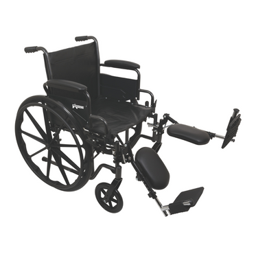 A black ProBasics Standard Hemi K2 Wheelchair with large rear wheels, push handles, armrests, swing-away footrests, adjustable seat height, and elevated leg rests is shown on a white background.