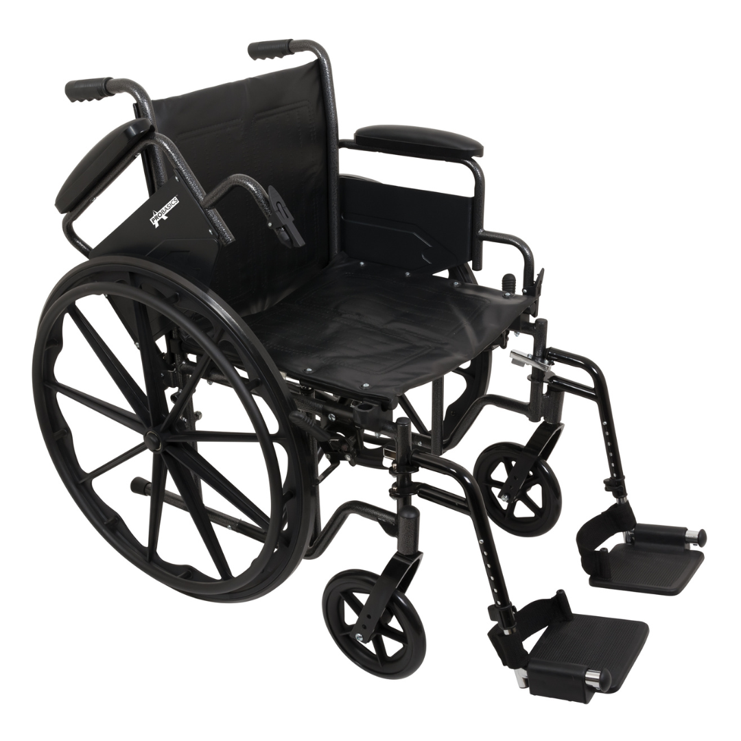 A ProBasics Standard Hemi K2 Wheelchair in black, featuring large rear wheels, small front wheels, armrests, and swing-away footrests, is angled on a white background.