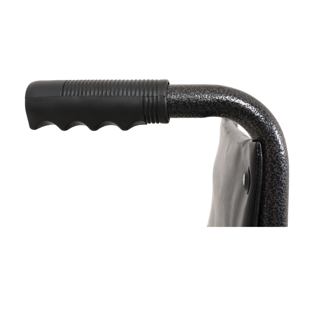 Close-up of a black textured handle with finger grips on a metal frame, likely part of a ProBasics Standard Hemi K2 Wheelchair with adjustable seat height, against a white background.