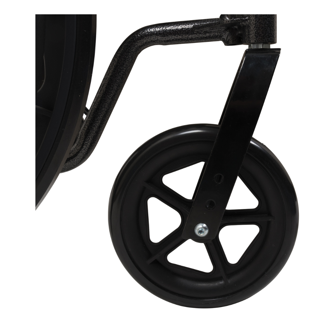Close-up of a black plastic five-spoke wheel attached to the metal frame of a ProBasics Standard Hemi K2 Wheelchair, showing details like a visible bolt and potential for adjustable seat height or swing-away footrests.