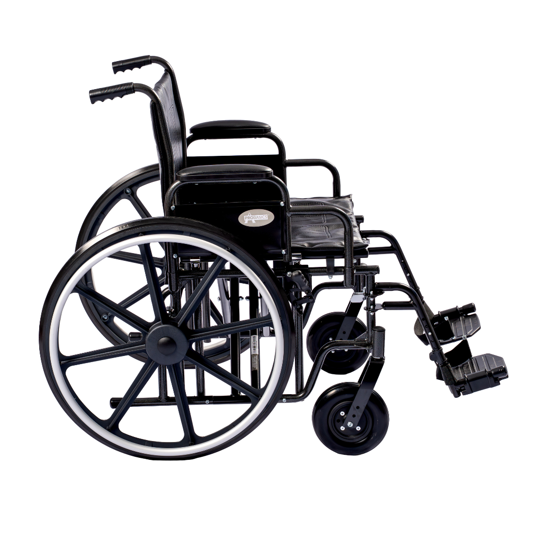 The ProBasics K7 Heavy Duty Bariatric Wheelchair is shown from the side on a plain white background, featuring a black frame, large rear wheels, smaller front wheels, and footrests.