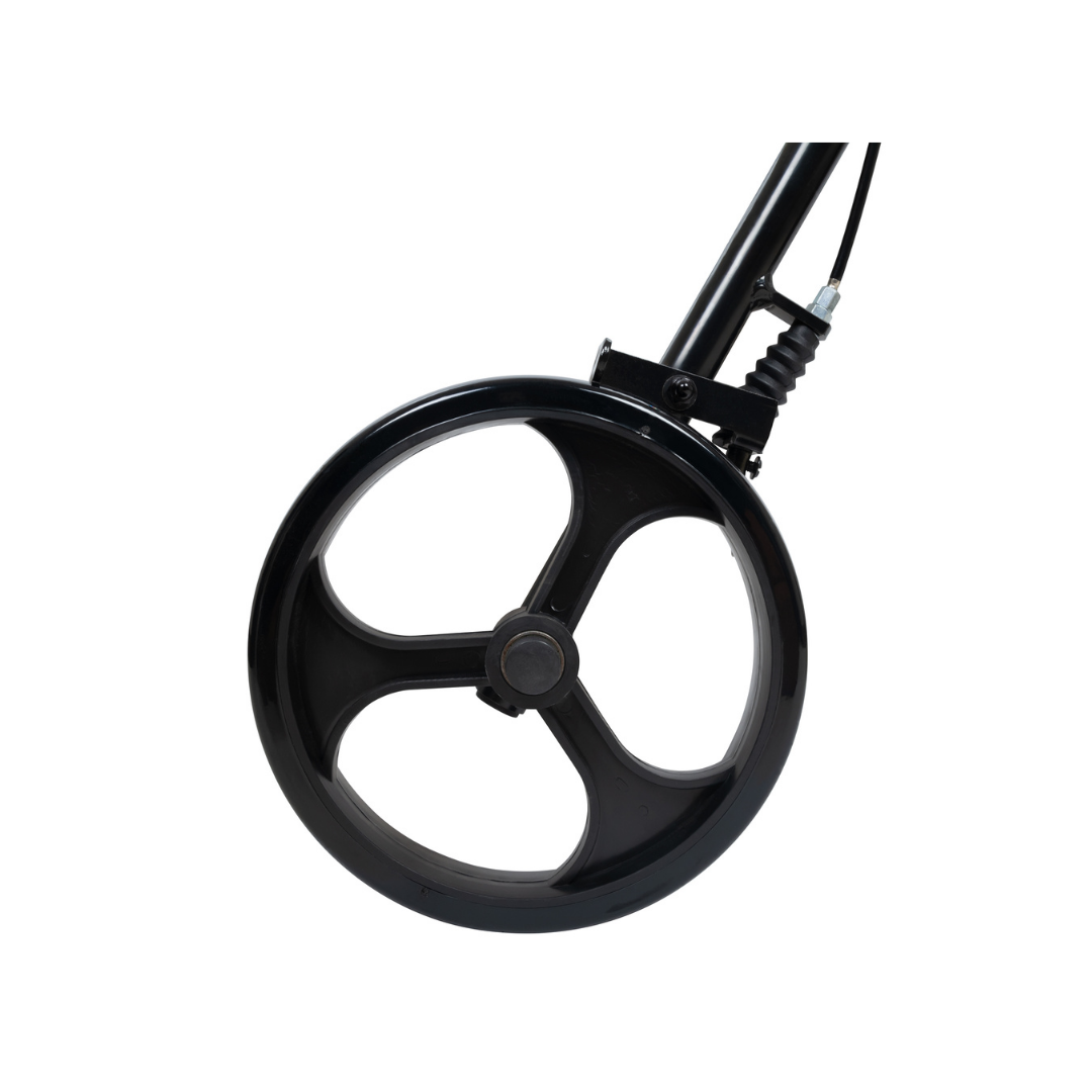 Close-up of a black, three-spoke plastic wheel attached to a metal frame from the ProBasics Lightweight Height Adjustable Rollator, isolated on a white background.