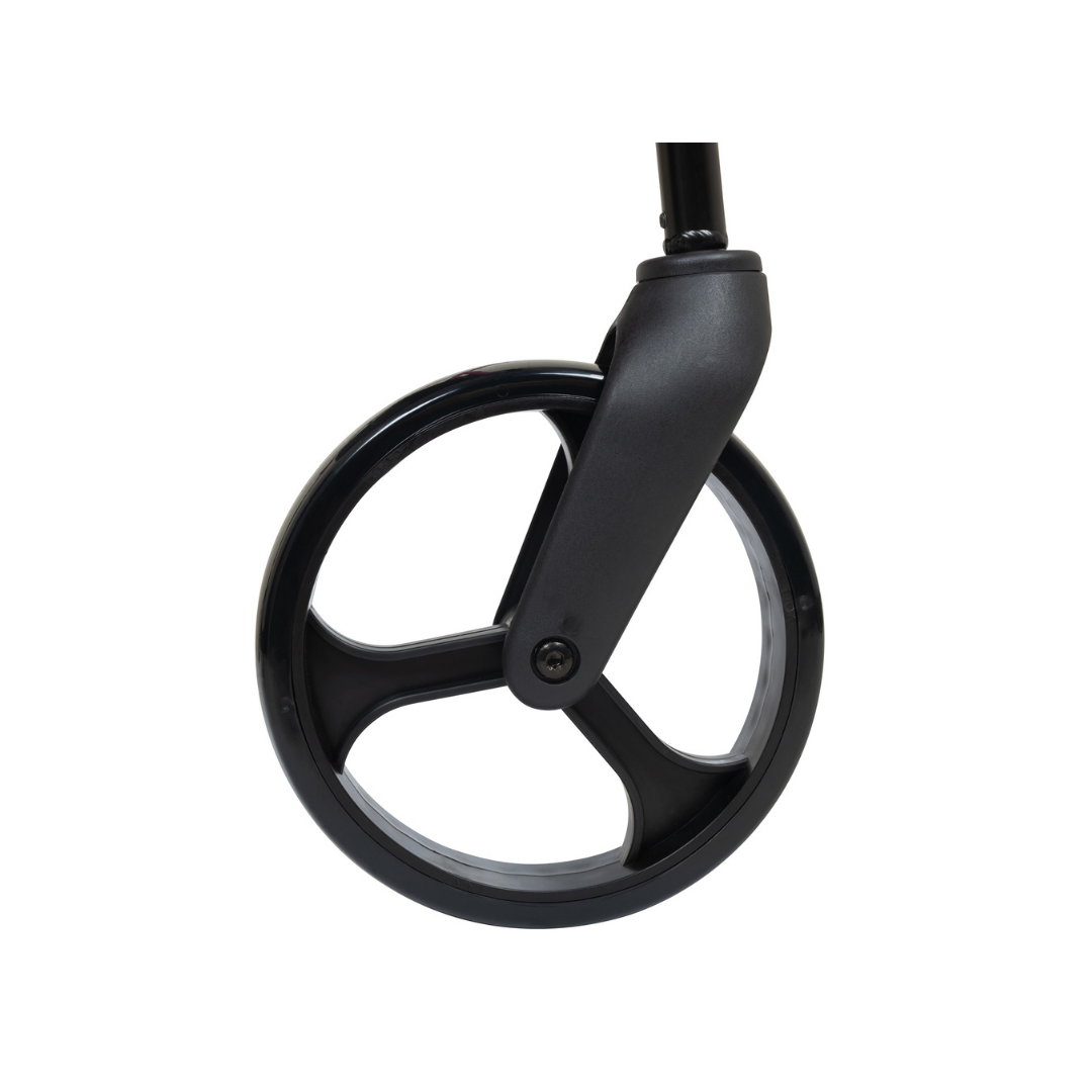 Close-up of a black wheel with three spokes, attached to a black fork, from the ProBasics Lightweight Height Adjustable Rollator, isolated on white to showcase its ergonomic design.