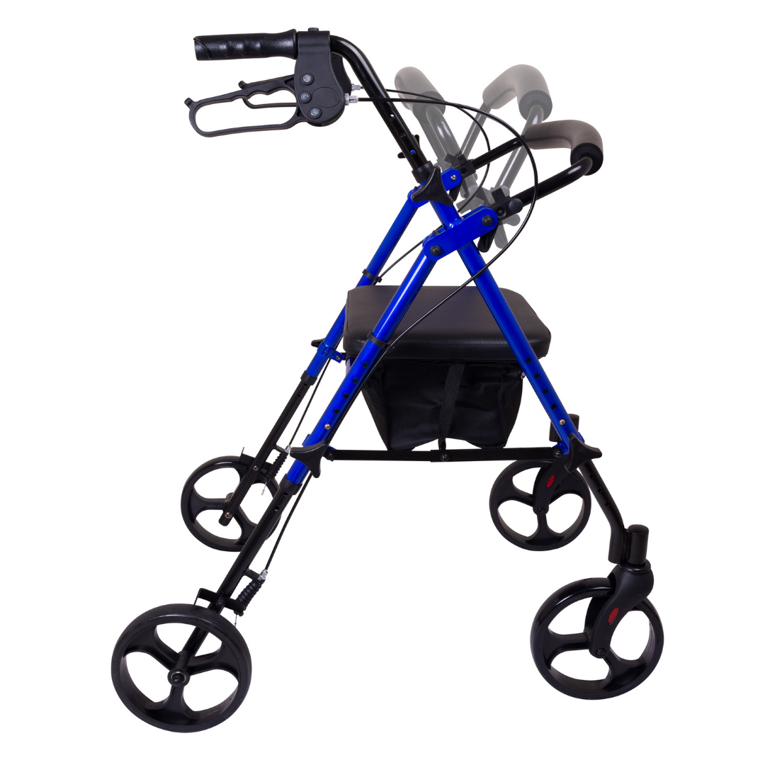The ProBasics Lightweight Height Adjustable Rollator, shown in blue and black, features four wheels, a black seat, hand brakes, ergonomic design, storage pouch, and is displayed open and folded on a white background.