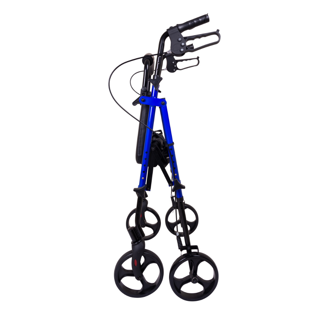 The ProBasics Lightweight Height Adjustable Rollator is a blue and black aluminum walker with handlebars, brakes, ergonomic design, and a compact foldable build for easy storage and transport.