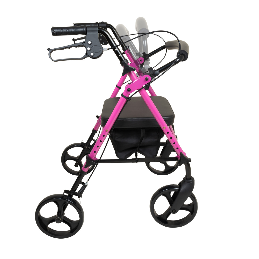 The ProBasics Lightweight Height Adjustable Rollator in pink and black features four wheels, a seat with a small storage bag underneath, ergonomic hand brakes, and multi-position handles for customizable height.