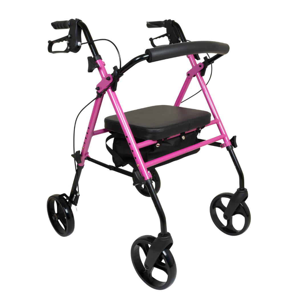 The ProBasics Lightweight Height Adjustable Rollator is a pink and black four-wheel walker with ergonomic handlebars, hand brakes, a padded seat, and an under-seat storage pouch for comfortable, supported mobility.