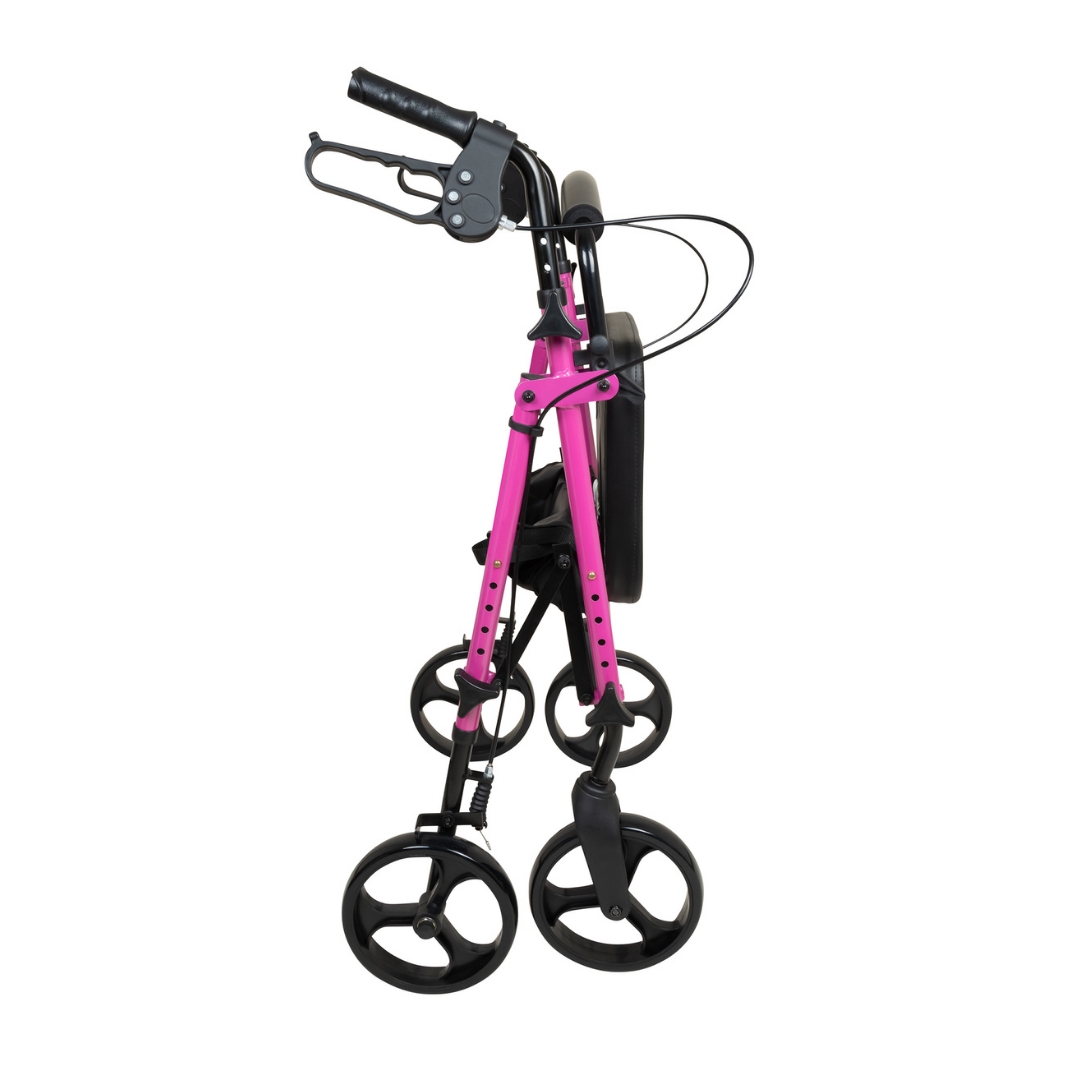 The ProBasics Lightweight Height Adjustable Rollator in pink and black features handlebars, hand brakes, a seat, and folds for easy transport or storage. Its customizable fit ensures added comfort.
