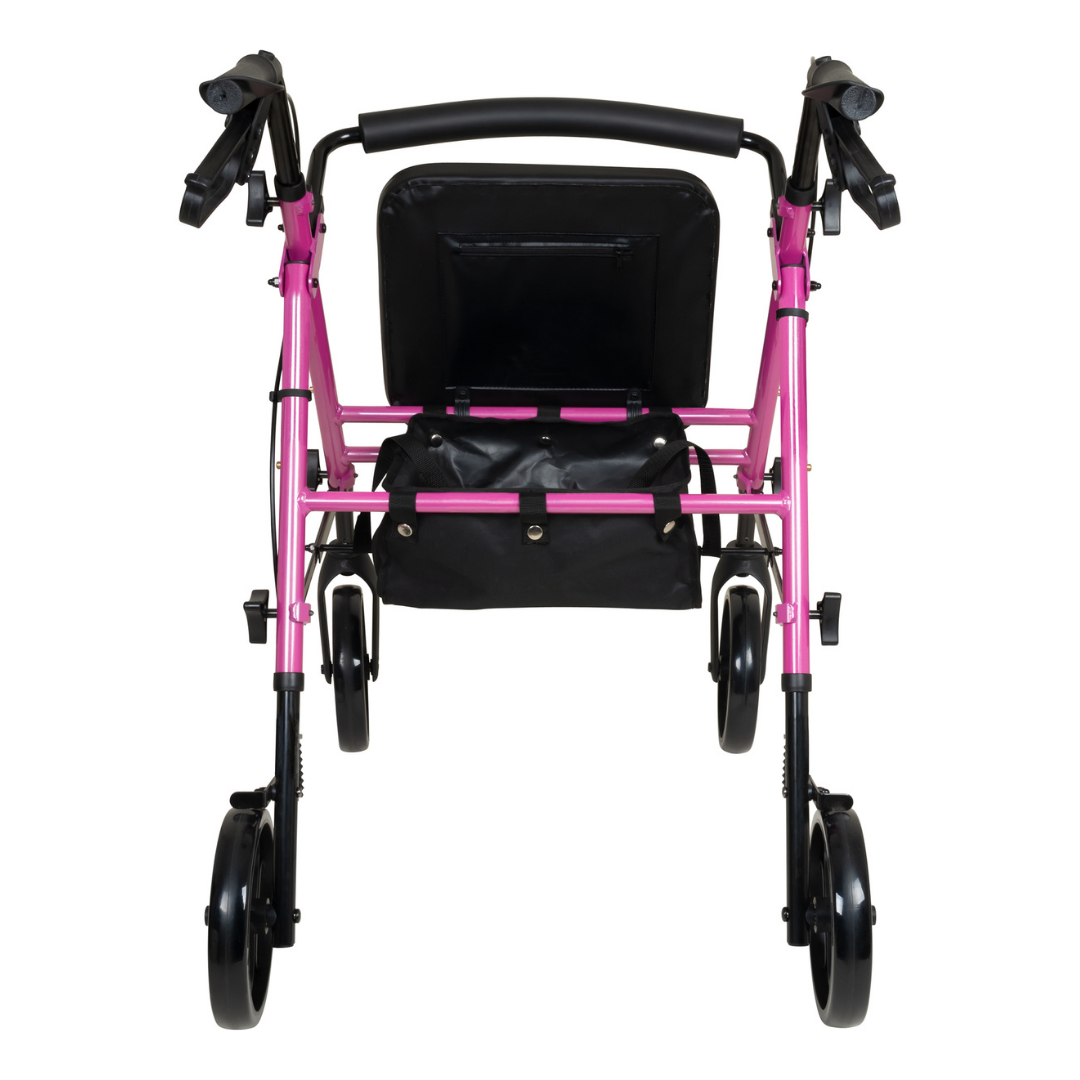 The ProBasics Lightweight Height Adjustable Rollator, shown from the back, features a pink frame, four black wheels, an ergonomic design, a black cushioned seat, and a storage pouch underneath.