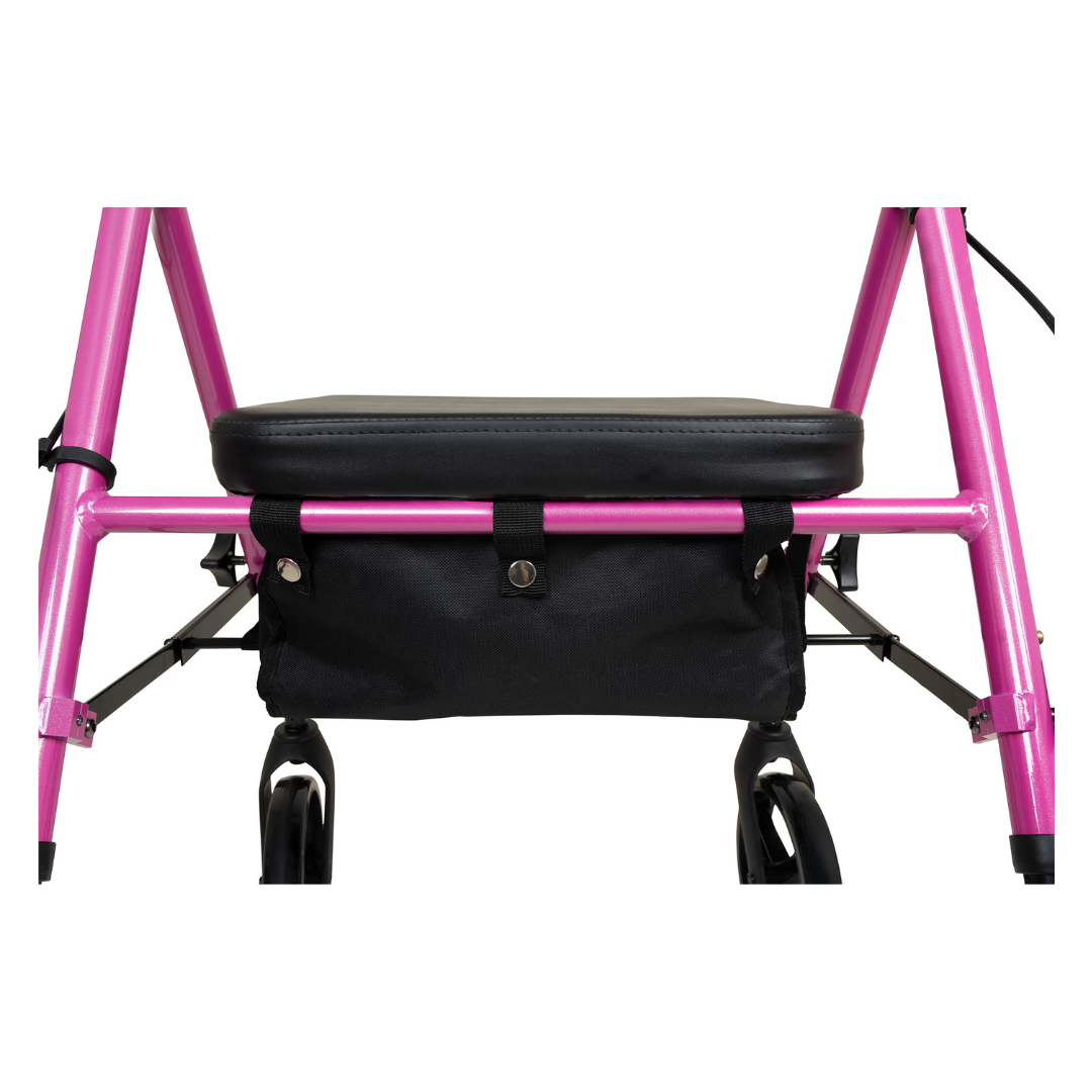 A front view close-up of the ProBasics Lightweight Height Adjustable Rollator in pink, featuring an ergonomic design, black cushioned seat, and a black storage pouch underneath.