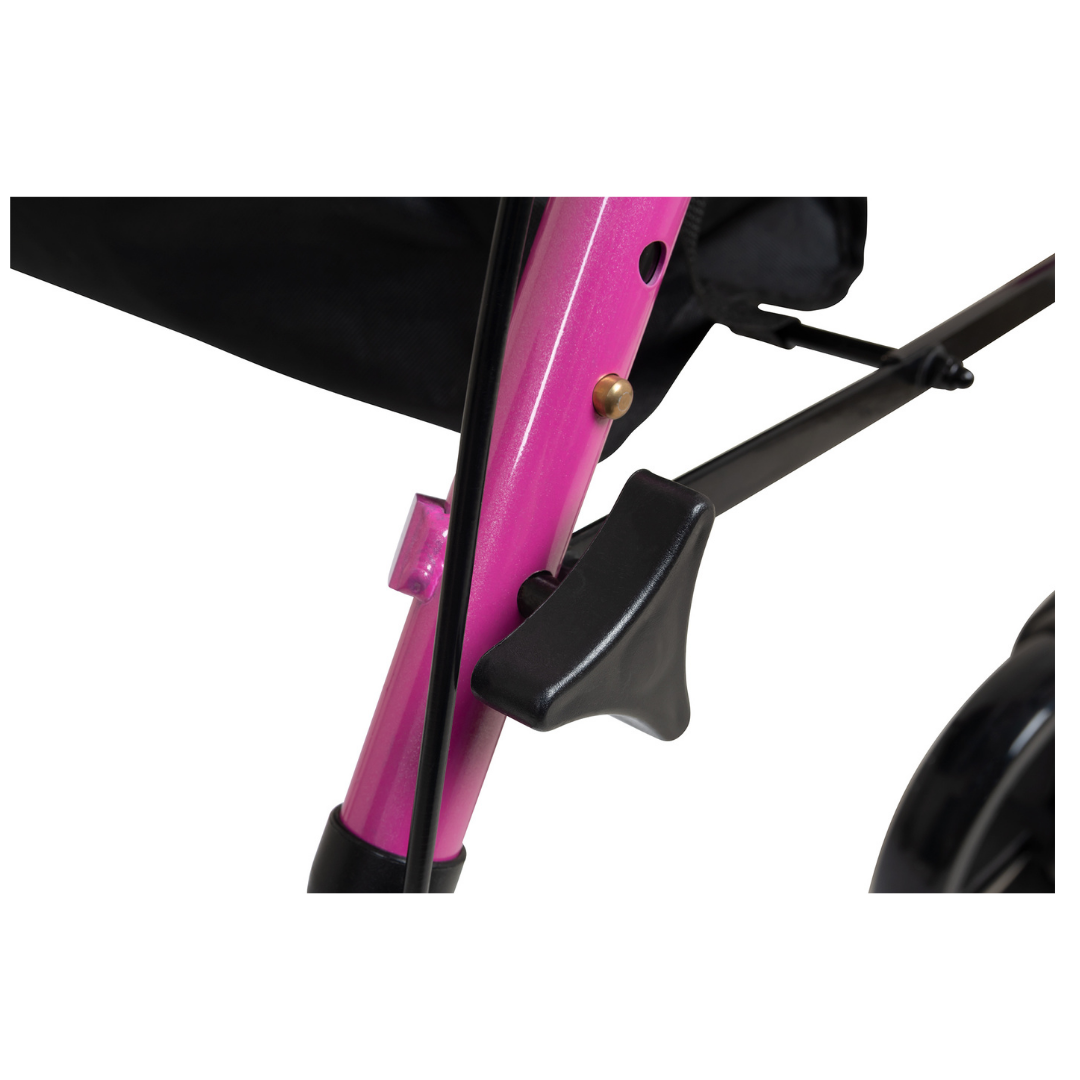 Close-up of the pink metal frame, black knob, and lever from the ProBasics Lightweight Height Adjustable Rollator, highlighting its ergonomic folding design against a white background.