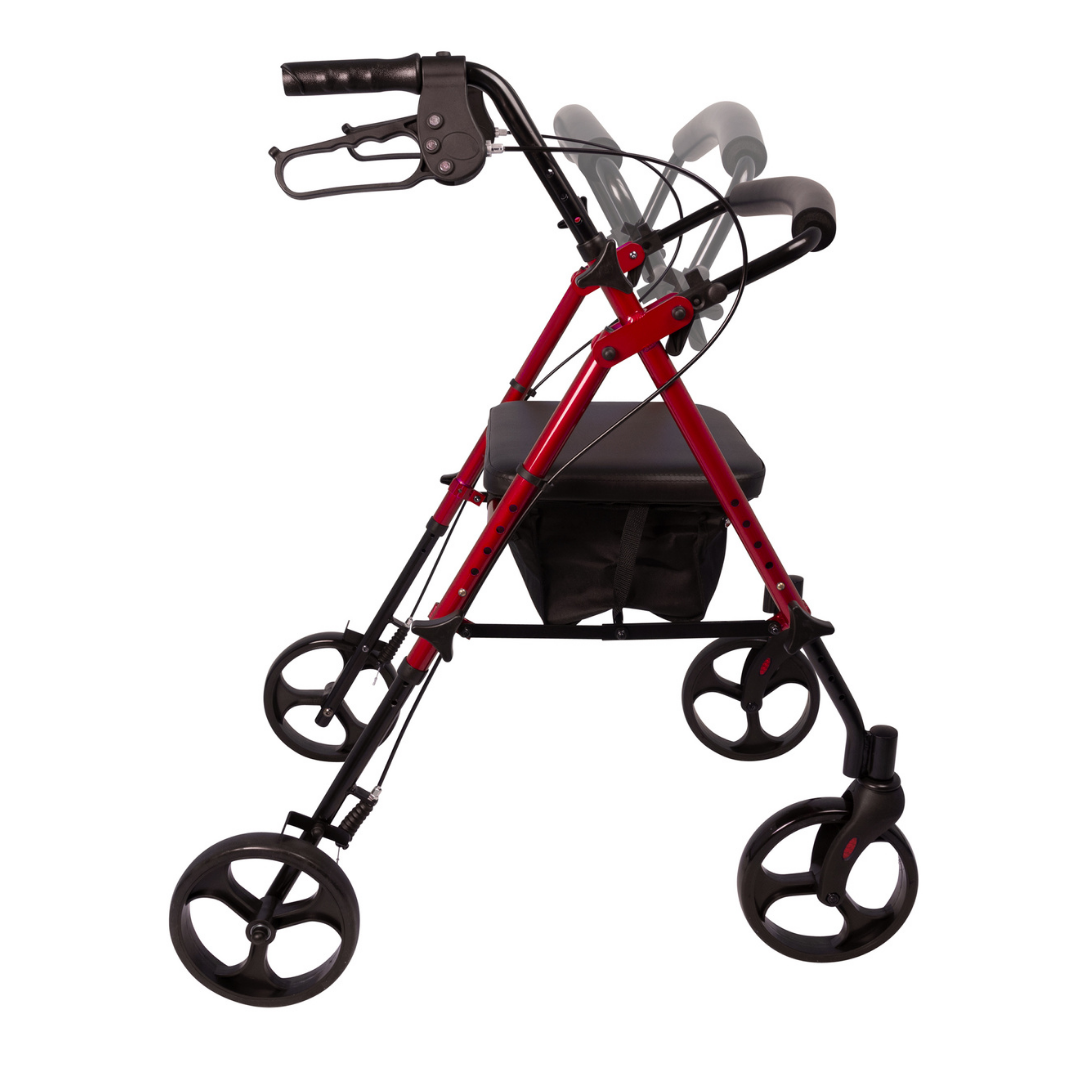 The ProBasics Lightweight Height Adjustable Rollator in red features four wheels, hand brakes, a padded seat, storage pouch, and adjustable handlebars shown at various heights against a white background.