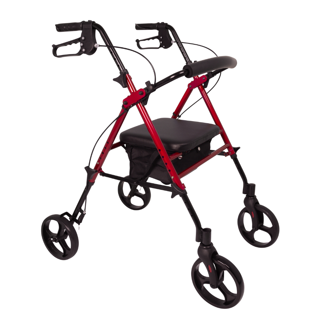 The ProBasics Lightweight Height Adjustable Rollator is a red and black four-wheeled aluminum walker with hand brakes, a seat, and an under-seat storage pouch to assist with mobility.