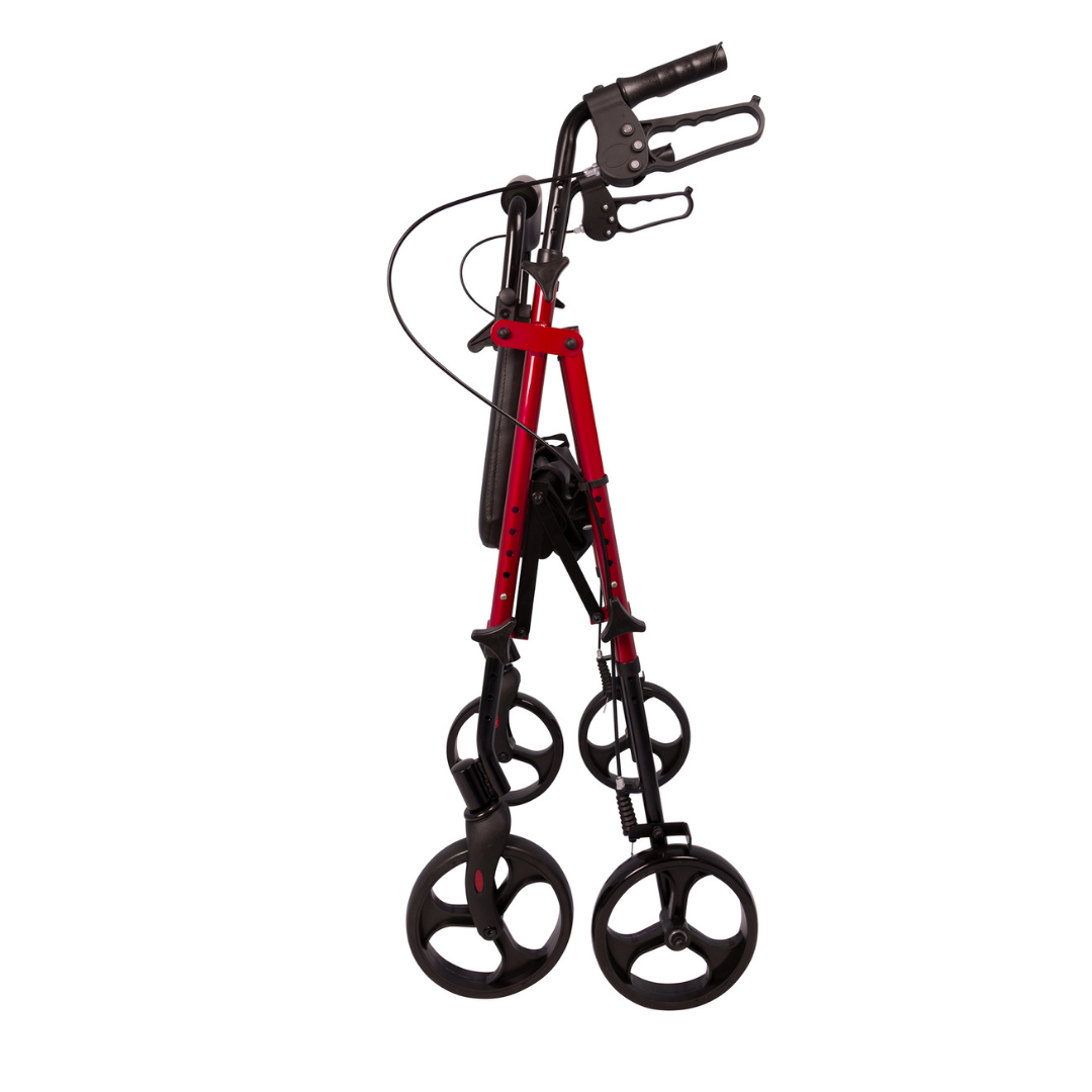 The ProBasics Lightweight Height Adjustable Rollator, in red and black with four wheels and an ergonomic design, is shown standing folded against a white background.