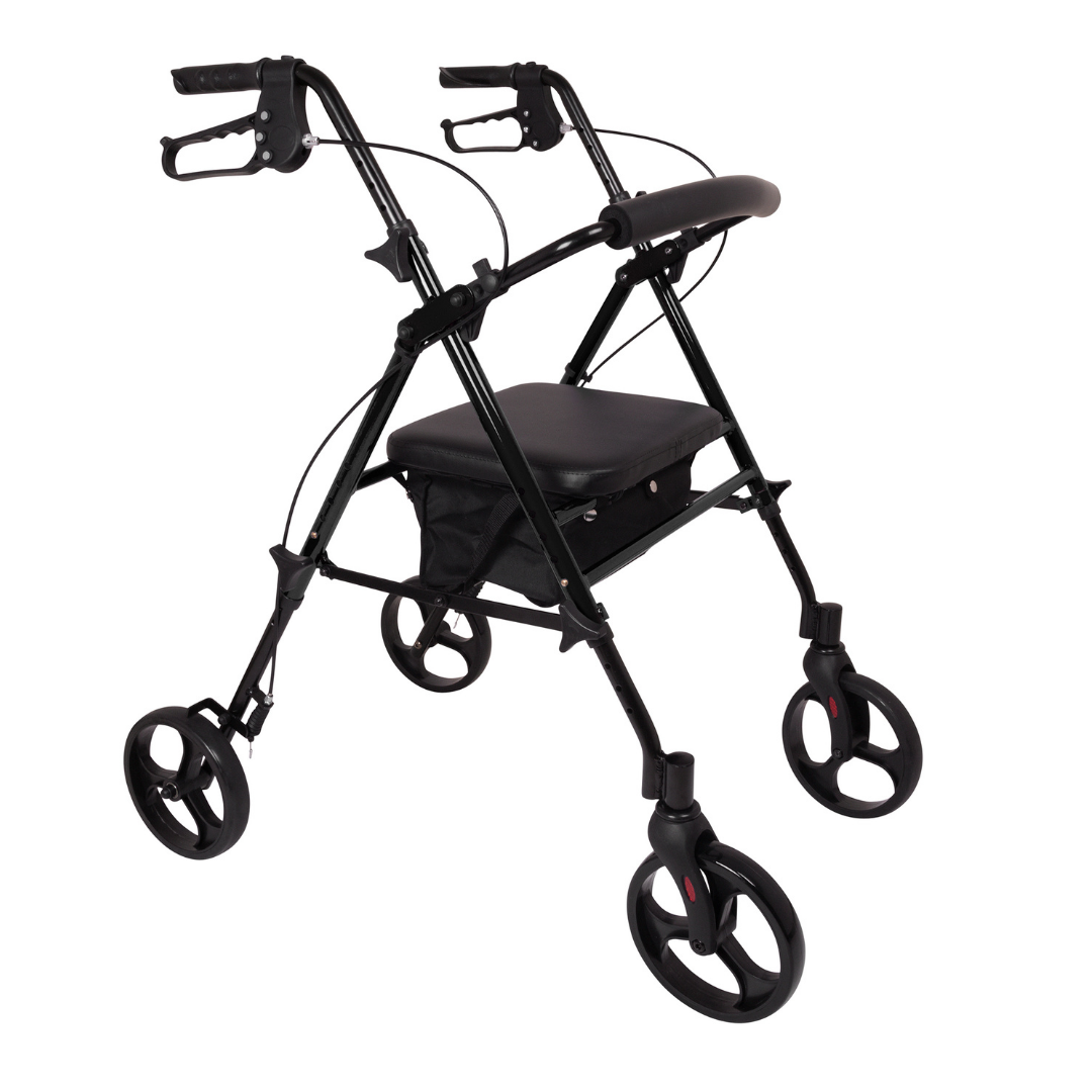 The ProBasics Lightweight Height Adjustable Rollator is a black aluminum walker with an ergonomic design, hand brakes, padded seat, storage pouch, and adjustable frame for superior mobility assistance.