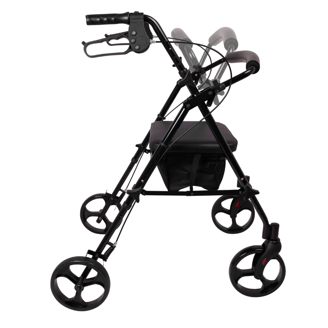 The ProBasics Lightweight Height Adjustable Rollator features a black aluminum frame, four wheels, padded seat, ergonomic adjustable handlebars, and a storage pouch under the seat for convenience.