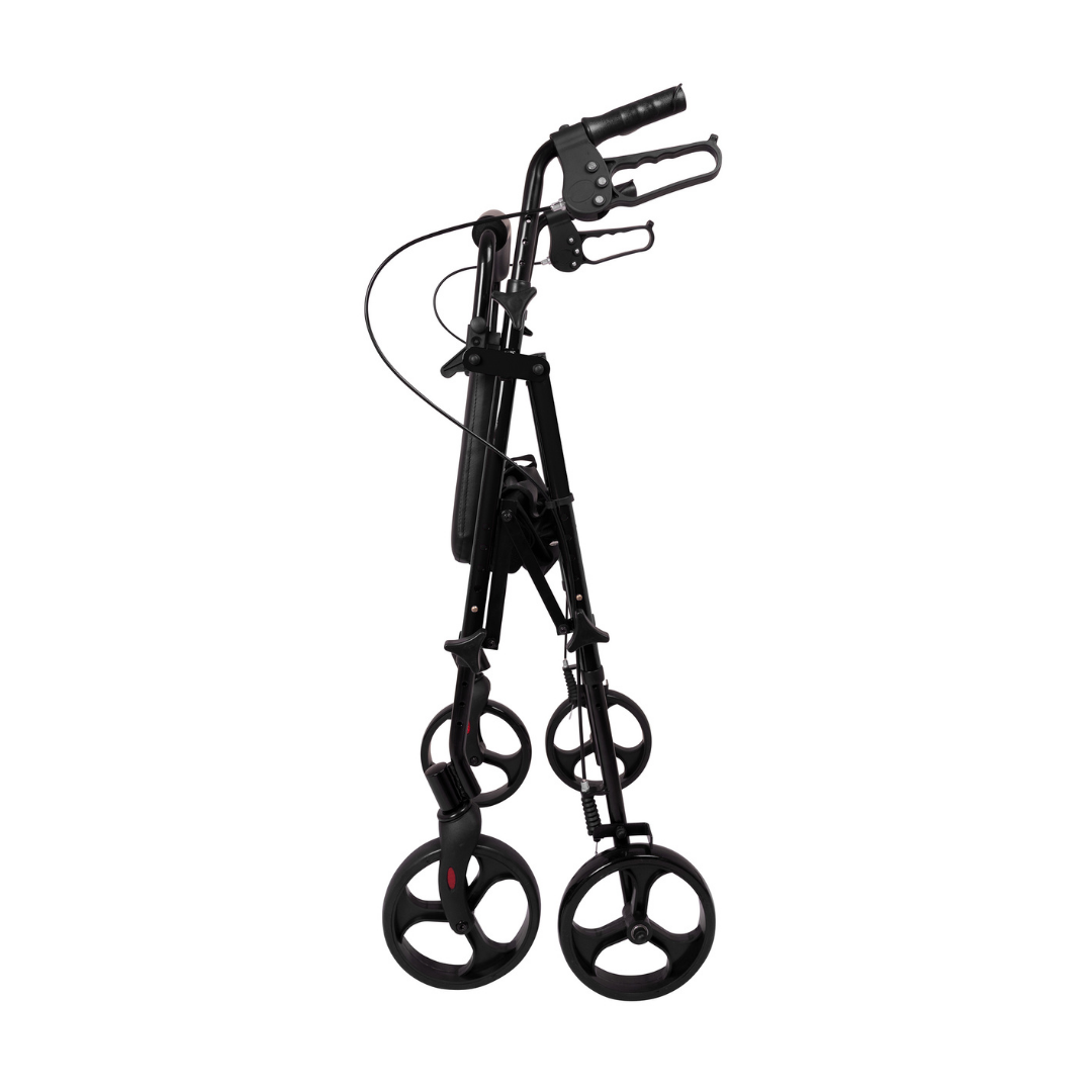 The ProBasics Lightweight Height Adjustable Rollator, shown in black and folded upright, features four wheels, braking handlebars, and a compact design for easy storage and transport.
