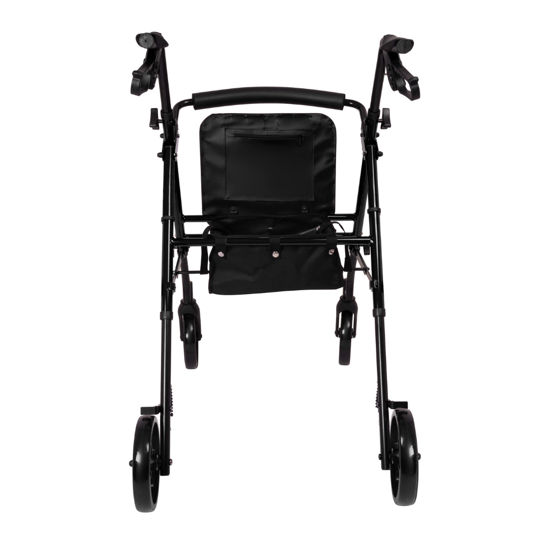 The ProBasics Lightweight Height Adjustable Rollator, in black, features four wheels, ergonomic hand brakes, and a front fabric storage pouch—shown from the rear against a white background.