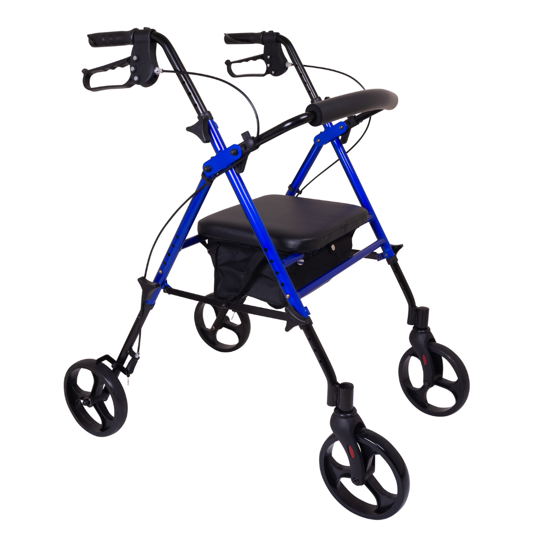 The ProBasics Lightweight Height Adjustable Rollator, in blue and black, features hand brakes, an ergonomic design, padded seat, under-seat storage pouch, and is made from lightweight aluminum for convenient mobility assistance.