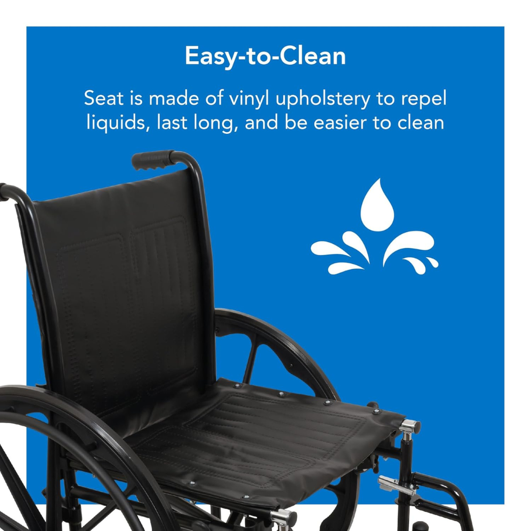 The ProBasics K1 Lightweight Portable Wheelchair, featuring a durable frame, is displayed against a blue background.